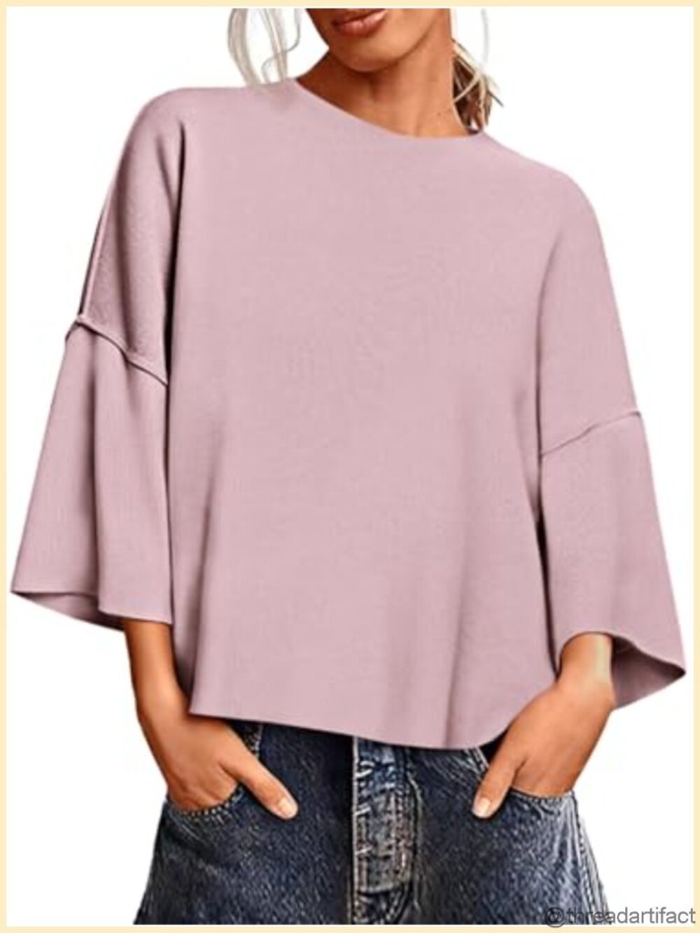 Womens 3/4 Sleeve Crewneck Pullover Sweater Loose Oversized Knit Top